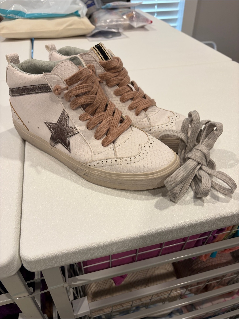 ShuShop Cream High-Top Sneakers with Brown Star and Tan Laces